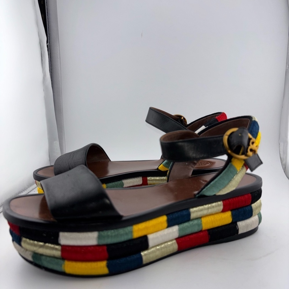 Tory Burch Leather Camilla Embroidered Platform Ankle Strap Sandals Size 5​​​​​ - Picture 13 of 16